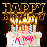 A vibrant animated GIF featuring a delicious birthday cake topped with glowing candles and the name 'Kroy' in elegant script, and the words 'Happy Birthday' on the black background.
