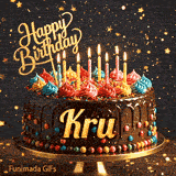 Gold Happy Birthday topper and bright burning candles on a chocolate frosted cake with the name Kru.