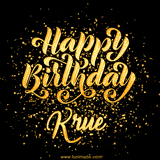 Animated GIF with colorful, festive 'Happy Birthday Krue' text decorated with patterns, a party hat, and falling confetti. A vibrant and cheerful design for birthday celebrations.