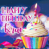 A festive animated GIF featuring a colorful cupcake with a single lit candle, sprinkles, and 'Happy Birthday Krue' text against a sparkling, celebratory background.
