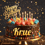 Shimmering birthday animation for Krue featuring a delicious chocolate drip cake with glowing yellow candles.