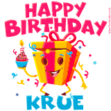 A funny animated birthday GIF with the words 'Happy Birthday Kruea', colorful gift box with arms and legs, holding a cupcake with a lit candle  with confetti everywhere.