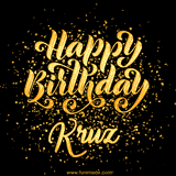 Animated GIF with colorful, festive 'Happy Birthday Kruz' text decorated with patterns, a party hat, and falling confetti. A vibrant and cheerful design for birthday celebrations.