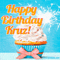 A cheerful animated GIF of a cupcake with creamy frosting, a red checkered ribbon, and a bright sparkler on top. The text 'Happy Birthday Kruz!' is displayed in vibrant orange and red.
