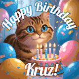 A playful tabby cat sits behind a colorful birthday cake surrounded by balloons and confetti, with 'Happy Birthday Kruz!' written above in festive letters.