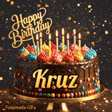 Close-up of a chocolate birthday cake with multicolored frosting swirls and colorful candy beads around the gold base. Greeting text with name Kruz