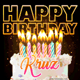 A vibrant animated GIF featuring a delicious birthday cake topped with glowing candles and the name 'Kruz' in elegant script, and the words 'Happy Birthday' on the black background.