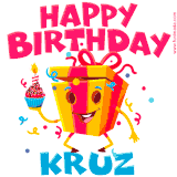 A funny animated birthday GIF with the words 'Happy Birthday Kruza', colorful gift box with arms and legs, holding a cupcake with a lit candle  with confetti everywhere.