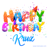 Animated GIF with colorful, festive 'Happy Birthday Kruz' text decorated with patterns, a party hat, and falling confetti. A vibrant and cheerful design for birthday celebrations.