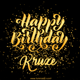 Animated GIF with colorful, festive 'Happy Birthday Kruze' text decorated with patterns, a party hat, and falling confetti. A vibrant and cheerful design for birthday celebrations.