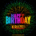 A colorful animated GIF featuring the text 'Happy Birthday Kruze!' in rainbow colors with a dynamic iridescent firework display in the background.