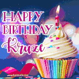 A festive animated GIF featuring a colorful cupcake with a single lit candle, sprinkles, and 'Happy Birthday Kruze' text against a sparkling, celebratory background.