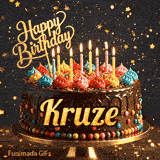 Happy Birthday Kruze animated image showcasing a decorated chocolate cake on a pedestal with glowing candles.