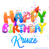 Animated GIF with colorful, festive 'Happy Birthday Kruze' text decorated with patterns, a party hat, and falling confetti. A vibrant and cheerful design for birthday celebrations.