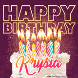 A colorful birthday cake topped with lit candles, with the words 'Happy Birthday Krysia' in bold glowing letters on a burgundy background. Animated flames add a festive touch.