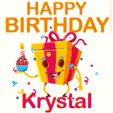 A vibrant and funny gift box character with a happy face dancing with a cupcake and the text 'Happy Birthday Krystal,' surrounded by animated confetti and party vibes.