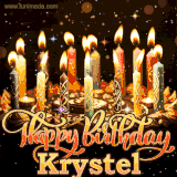A glowing personalized birthday GIF with name Krystel featuring lit candles with intricate designs, warm lighting, and the text 'Happy Birthday' in an elegant font.