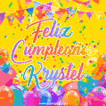 A bright and festive GIF with the text 'Feliz Cumpleaños Krystel' in Spanish in colorful fonts, surrounded by confetti, balloons, and festive banners on a vibrant yellow background.