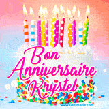 A white birthday cake covered in colorful sprinkles, topped with bright candles, and French text 'Bon Anniversaire Krystel' on a pastel gradient background in an animated GIF.