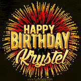 Golden 'Happy Birthday Krystel' text accompanied by animated rainbow fireworks for a festive animated greeting.