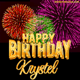 A golden 'Happy Birthday Krystel' message with vibrant fireworks in the background, creating a festive and celebratory vibe in this animated name GIF.