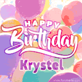 A vibrant name GIF featuring colorful balloons in shades of pink, orange, and yellow with the bold text 'Happy Birthday Krystel' in festive fonts, creating a lively birthday vibe.