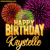 A golden 'Happy Birthday Krystelle' message with vibrant fireworks in the background, creating a festive and celebratory vibe in this animated name GIF.