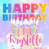 A vibrant animated name GIF with the words 'Happy Birthday Krystelle' with colorful candles on a creamy cake. The background sparkles with pastel shades, adding a festive touch.