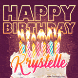 A colorful birthday cake topped with lit candles, with the words 'Happy Birthday Krystelle' in bold glowing letters on a burgundy background. Animated flames add a festive touch.