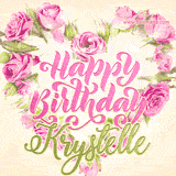 A stunning heart made of pink roses surrounds the elegant script text 'Happy Birthday Krystelle' on a soft beige background. Animated sparkles add a magical and festive feel.