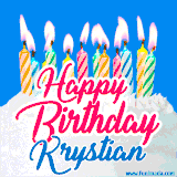 A cheerful animated GIF featuring colorful lit birthday candles on a white cake, with the text 'Happy Birthday Krystian' in bold red and blue script on a bright blue background.