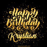 Animated GIF with colorful, festive 'Happy Birthday Krystian' text decorated with patterns, a party hat, and falling confetti. A vibrant and cheerful design for birthday celebrations.