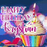 A festive animated GIF featuring a colorful cupcake with a single lit candle, sprinkles, and 'Happy Birthday Krystian' text against a sparkling, celebratory background.