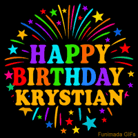 Vibrant animated GIF with 'Happy Birthday Krystian' in rainbow-colored text, surrounded by colorful stars and fireworks on a black background.