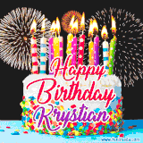 A lively happy birthday animated GIF showcasing a colorful birthday cake covered in sprinkles, topped with glowing candles, and surrounded by vibrant fireworks. The name 'Krystian' is featured in elegant script.