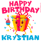 A funny animated birthday GIF with the words 'Happy Birthday Krystiana', colorful gift box with arms and legs, holding a cupcake with a lit candle  with confetti everywhere.