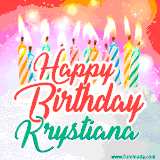 Bright birthday candles with rainbow flames on a cake, alongside the text 'Happy Birthday Krystiana' in vibrant script in this celebratory animated GIF.