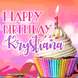 A vibrant birthday GIF featuring a rainbow-colored cupcake topped with white frosting, sprinkles, and a lit candle. The text reads 'Happy Birthday Krystiana' in bold pink and violet letters with white outline.