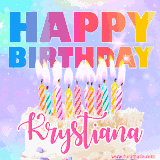 A vibrant animated name GIF with the words 'Happy Birthday Krystiana' with colorful candles on a creamy cake. The background sparkles with pastel shades, adding a festive touch.