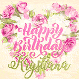 A stunning heart made of pink roses surrounds the elegant script text 'Happy Birthday Krystiana' on a soft beige background. Animated sparkles add a magical and festive feel.
