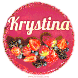 Beautifully decorated red velvet berry birthday cake with vibrant fruits and a glowing 'Krystina' name, adding a touch of sweetness and sparkle.
