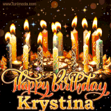 A glowing personalized birthday GIF with name Krystina featuring lit candles with intricate designs, warm lighting, and the text 'Happy Birthday' in an elegant font.