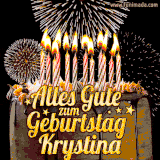 A chocolate birthday cake with glowing candles, the German text 'Alles Gute zum Geburtstag Krystina,' and vibrant fireworks lighting up the background in an animated GIF.