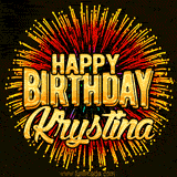 Golden 'Happy Birthday Krystina' text accompanied by animated rainbow fireworks for a festive animated greeting.