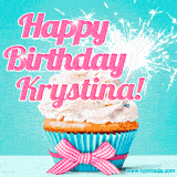 A festive cupcake with pink icing, a gingham bow, and a lit animated sparkler, paired with 'Happy Birthday Krystina!' in bright pink text.