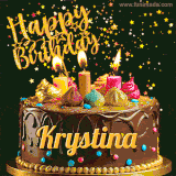 A delightful chocolate birthday cake with bright candles and 'Happy Birthday Krystina' written in gold amidst a shower of animated stars.