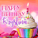 A vibrant birthday GIF featuring a rainbow-colored cupcake topped with white frosting, sprinkles, and a lit candle. The text reads 'Happy Birthday Krystina' in bold pink and violet letters with white outline.