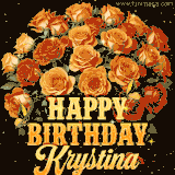 Animated bouquet of orange roses with moving butterfles and golden 'Happy Birthday Krystina' text, surrounded by sparkling accents and a dark backdrop for a luxurious feel.