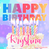 A vibrant animated name GIF with the words 'Happy Birthday Krystina' with colorful candles on a creamy cake. The background sparkles with pastel shades, adding a festive touch.