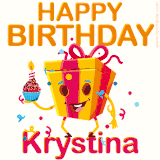 A vibrant and funny gift box character with a happy face dancing with a cupcake and the text 'Happy Birthday Krystina,' surrounded by animated confetti and party vibes.